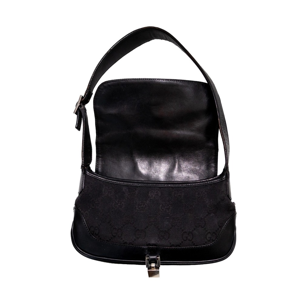 Vntg GUCCI Black GG Canvas/Leather Small Flap Jackie O Hobo Bag Canvas & Leather - Picture 9 of 16